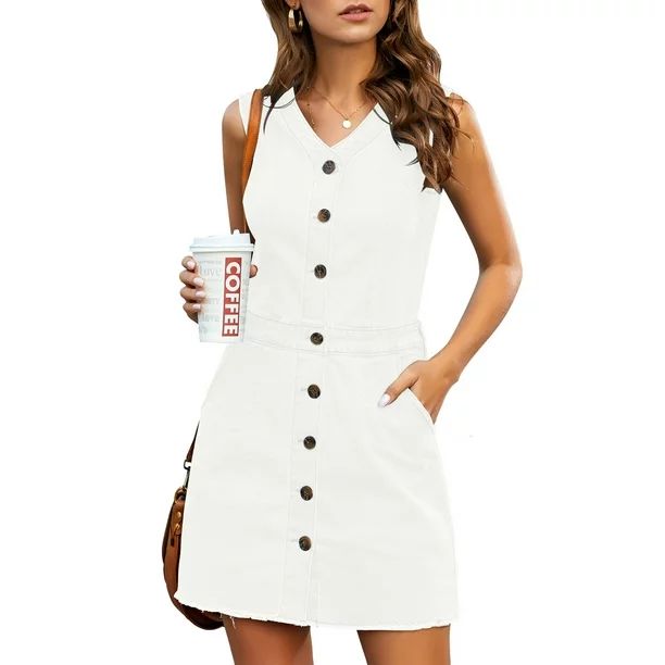luvamia Women Sleeveless V Neck Button Down Frayed Hem Short Denim Dress Brilliant White Size L F... | Walmart (US)