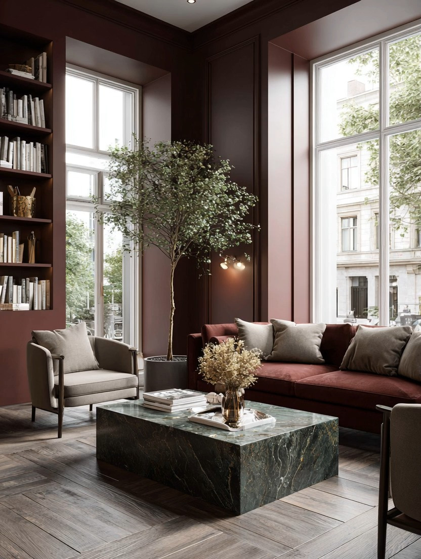 Moody interiors do not need to feel chaotic.
That is the biggest misconception about bold home decor.

Luxury bold interiors are not created by adding more. They are created by adding a few intentional statement pieces that completely transform the energy of the room.

This space is the perfect example.
A rich burgundy wall paired with a matching velvet sofa instantly creates warmth, depth, and sophistication without overwhelming the room. The key is balance.

The velvet texture softens the bold color and makes the entire room feel cozy, elegant, and timeless rather than loud. Then comes another timeless luxury piece: the marble coffee table. Marble adds that grounding contrast while bringing in quiet elegance and refinement.

And finally, the detail that completes almost every designer space in 2026: the oversized indoor tree.

Indoor trees soften bold interiors naturally. They add movement, life, and balance while making the room feel elevated instead of heavy.

That is the future of bold decor.
Moody. Elegant. Grounded. Intentional.

You do not need dozens of decor pieces to create impact. Sometimes one bold wall, one velvet sofa, one marble table, and one oversized tree are enough to completely transform a room.

Shop our curated edit of burgundy velvet sofas, statement marble coffee tables, and oversized indoor trees to recreate this moody luxury look at home.

#MoodyInteriors #LuxuryHomeDecor #BurgundyDecor #VelvetSofa #ModernLuxury #InteriorDesign #BoldDecor #ElegantLiving 

 #LTKHome