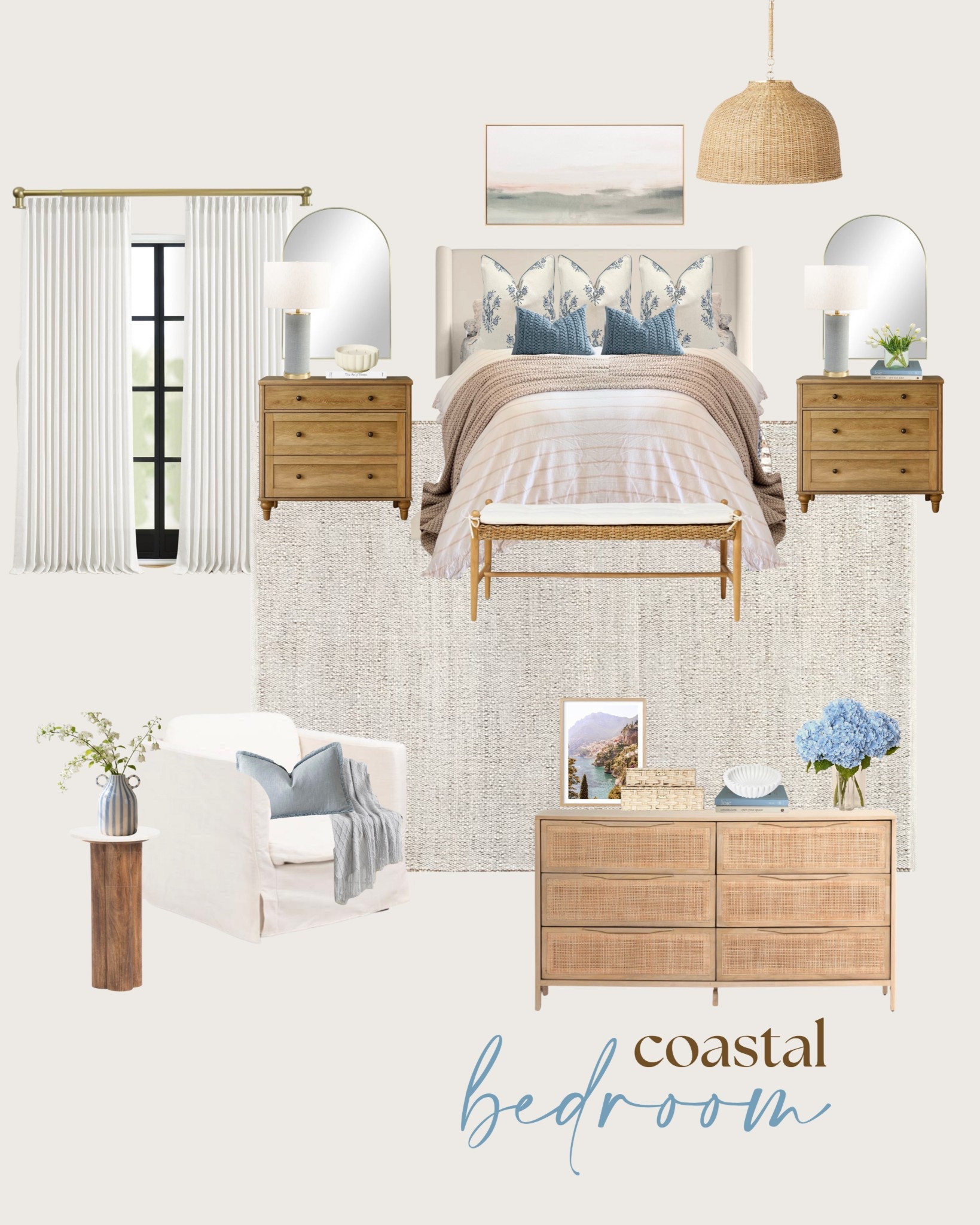 Coastal inspired bedroom refresh, coastal bedroom mood board, primary bedroom design inspiration, bedroom decor, dresser, nightstands, accent chairs, coastal rug #bedroom #coastal
  

#LTKHome #LTKSaleAlert #LTKSeasonal #LTKSaleAlert #LTKHome #LTKSeasonal