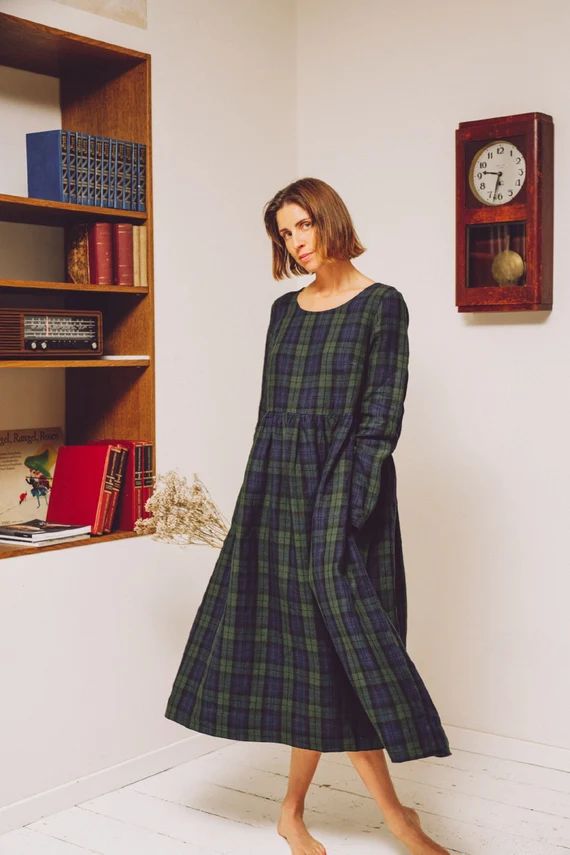 Maxi Linen Dress  Dark Plaid Linen Dress  Linen Dress Simple | Etsy | Etsy (US)
