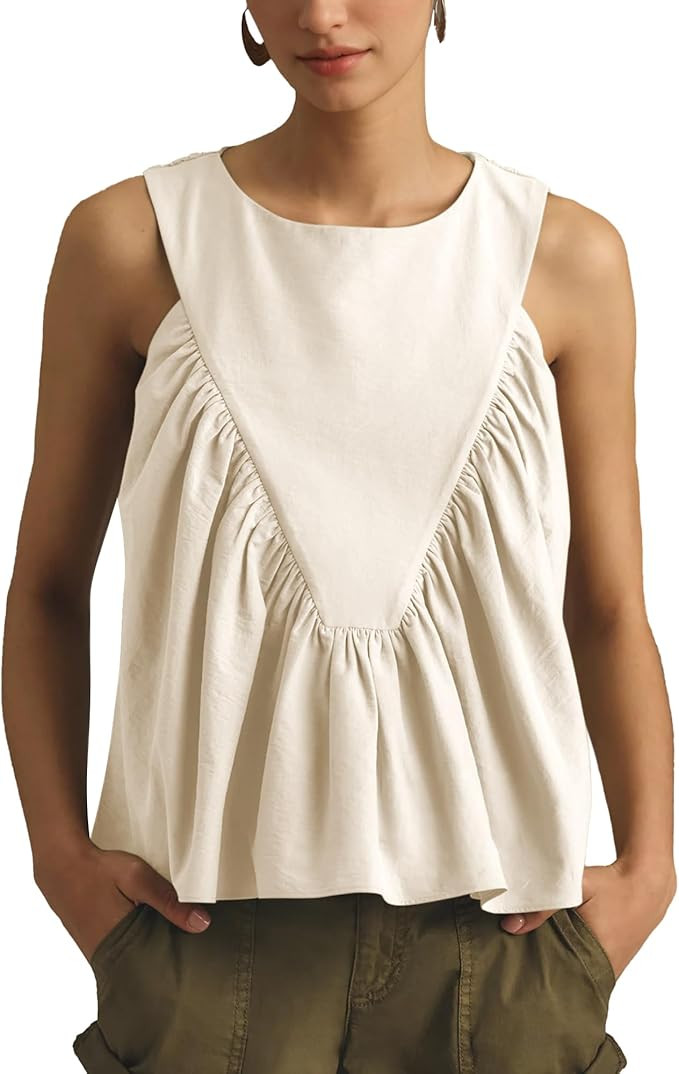 Hixiaohe Shirred Swing Tank Tops for Women Fashion Flowy Sleeveless Shirts Casual Crew Neck Blous... | Amazon (US)