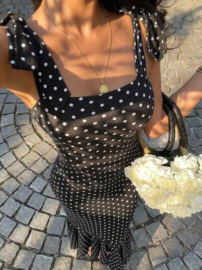 Sunnyshic Vestido longo feminino preto e branco com estampa de bolinhas, barra sereia e laço, id... | SHEIN