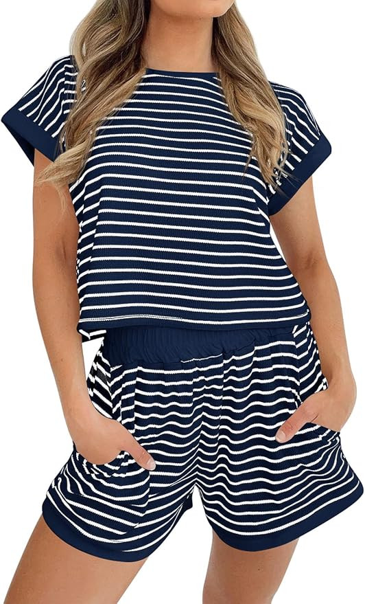 Tankaneo Womens Summer 2 Piece Sets Striped Short Sleeve T Shirts and Shorts Loungewear Matching ... | Amazon (US)