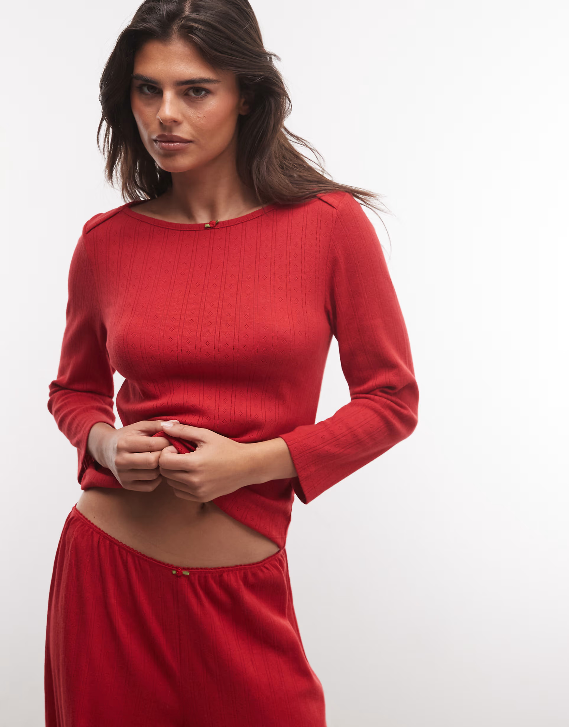 ASOS DESIGN lounge pointelle boatneck 3/4 sleeve top in red | ASOS (Global)