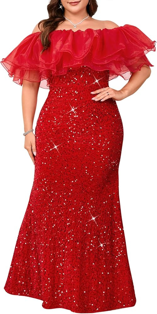 dasmzper Elegant Sequin Off Shoulder Evening Gown for Women Plus Size \u2013 Sparkly Ruffle Forma... | Amazon (US)