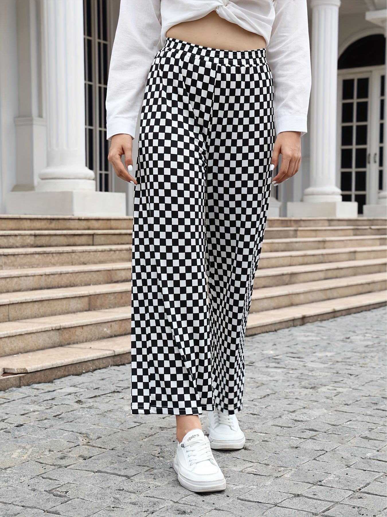 Checkerboard Plaid Print Pants Casual Wide Leg Pants Spring - Temu | Temu Affiliate Program