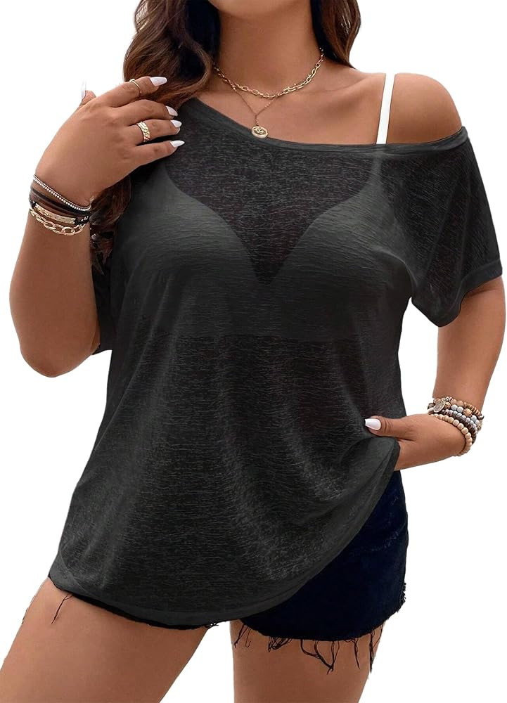 Hilinker Women's Plus Size Sheer Mesh Short Sleeve Top Sexy See Through T Shirt Off Shoulder Blou... | Amazon (US)