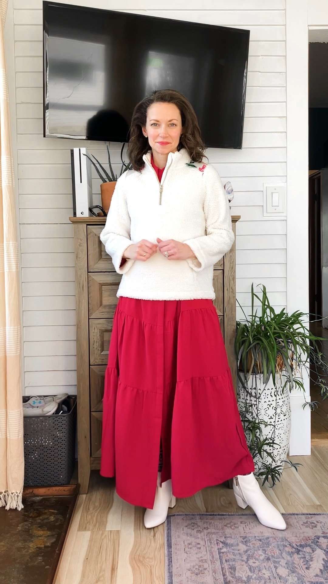 Preppy winter outfit!
Wearing size 12 girls Lilly Pulitzer Sherpa pullover. 
Size S Amazon dress. 
Boots are old. 
Petite outfit. Preppy outfit. Classic outfit. Colorful outfit. Winter outfit. 

#LTKFindsUnder50 #LTKOver40 #LTKStyleTip