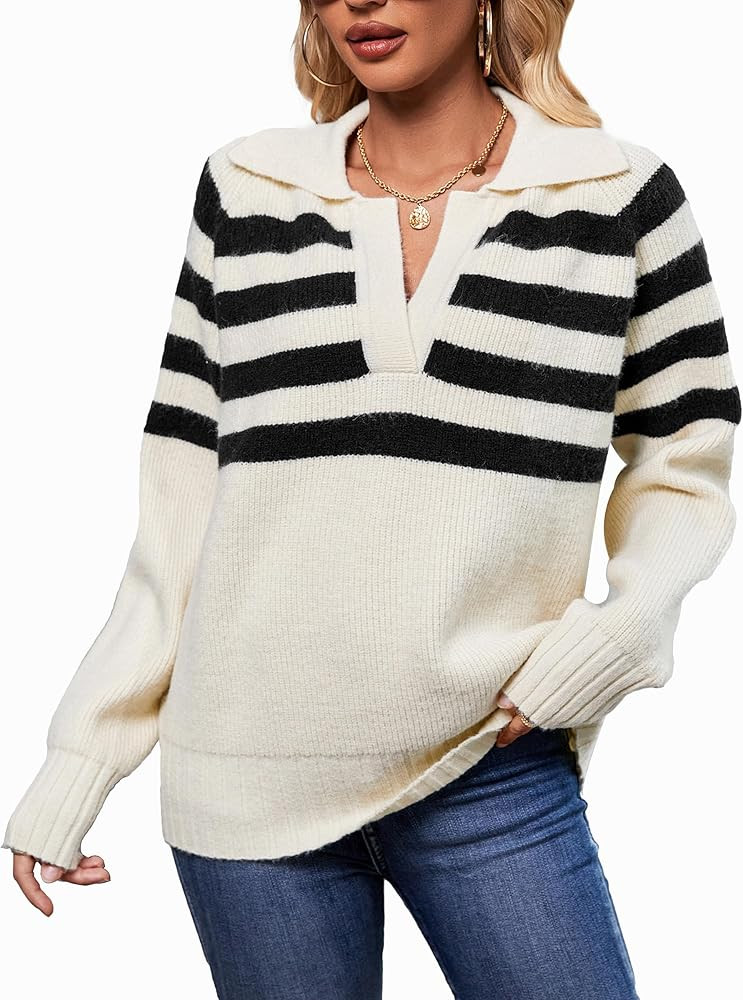 SuperPrity Oversized Sweaters for Women Trendy Long Sleeve Striped Collared Casual Pullover Tops ... | Amazon (US)