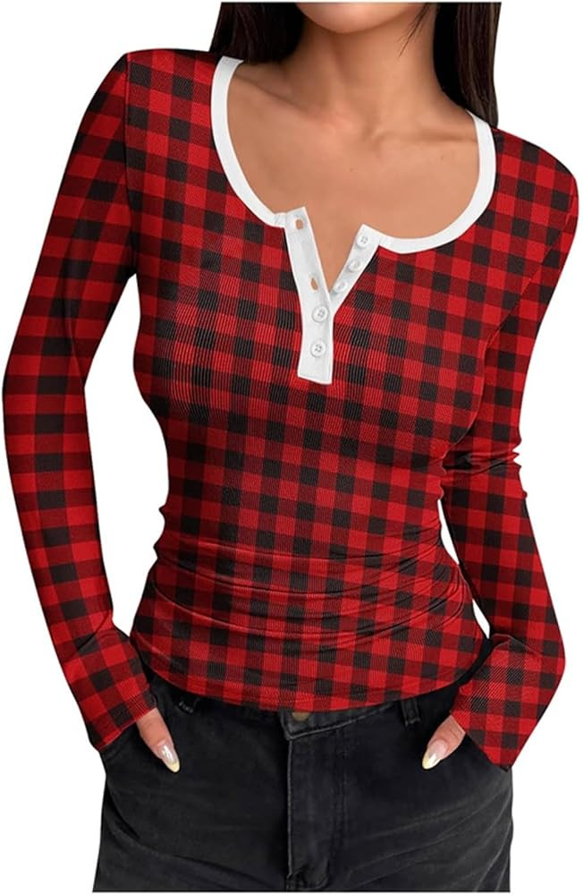 Women 2025 Summer Fall Long Sleeve Henley T Shirts Plaid Button Ribbed Knit Slim Fit Casual Basic... | Amazon (US)