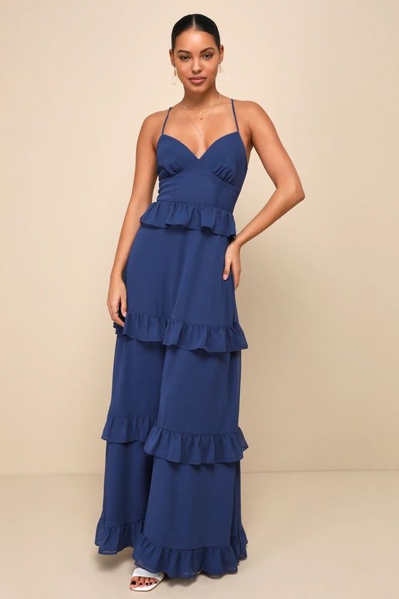Captivating Class Blue Ruffled Tiered Lace-Up Maxi Dress | Lulus