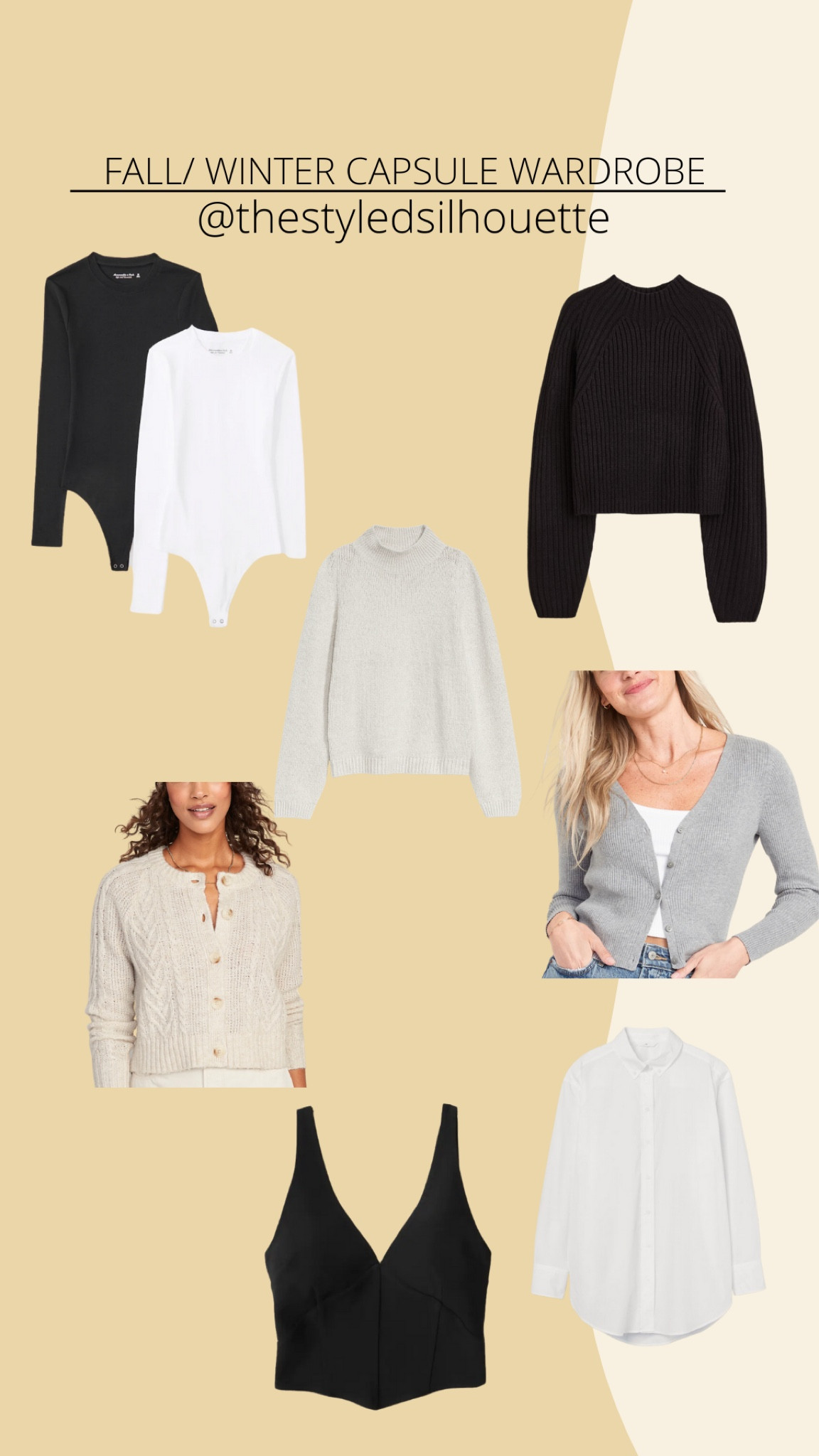 FALL & WINTER CAPSULE WARDROBE// sweaters// turtleneck bodysuit// white button down top// cardigans 

#LTKHoliday #LTKSeasonal #LTKstyletip