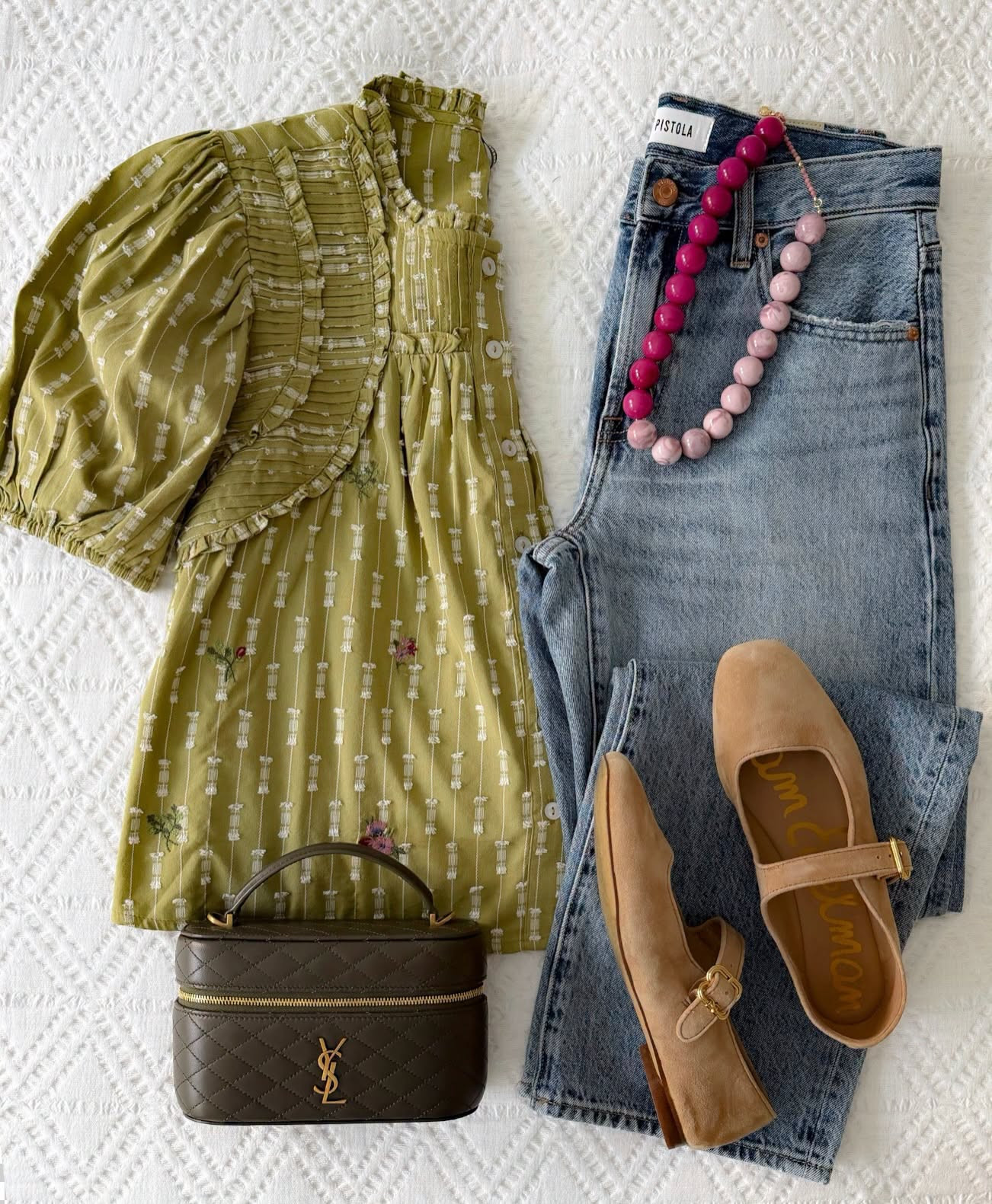 I love an outfit that lets one piece do all the work. This green printed blouse has such pretty details, so I kept the rest simple with straight leg jeans, suede Mary Janes and a few pops of color in the jewelry.

green blouse, printed blouse, straight leg jeans, suede mary janes, transitional outfit, early fall style, casual fall outfit, statement top, fall flats, everyday denim, annabrstyle

#LTKootd #LTKSeasonal #LTKOver40