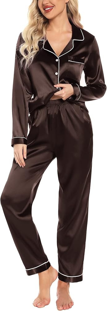 Samring Women's Silk Satin Pajamas Set Long Sleeve Sleepwear Two Piece Button Down Pj Set with Pocke | Amazon (US)
