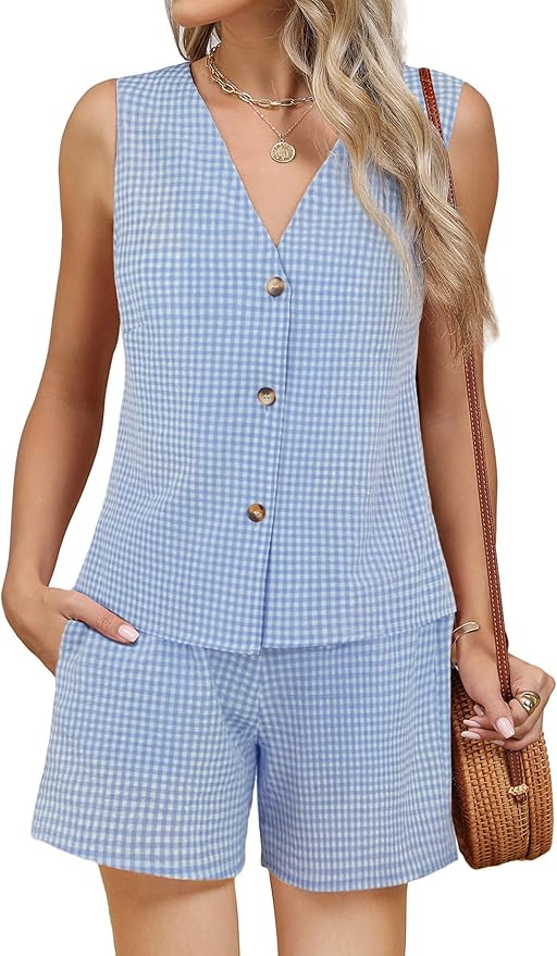 Blooming Jelly Women's Summer Two Piece Sets Vacation Outfits Matching Short Sets Linen Gingham V... | Amazon (US)