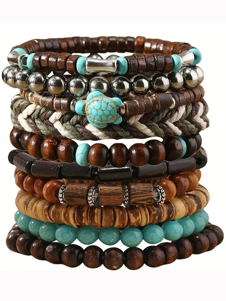 10pcs Handmade Stretchy Beaded Bracelets Stackable Boho Jewelry With Turtle Charm For Men & Women, Adjustable Elastic Bracelet Set Perfect Unisex Festival Party Gifts | SHEIN