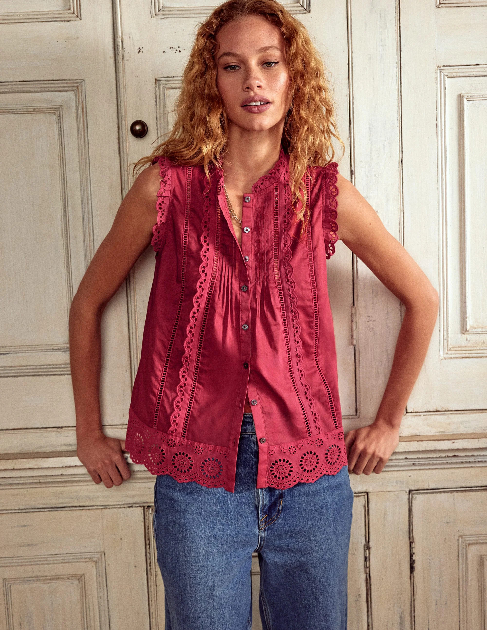 Sleeveless Broderie Top-Terracotta Red | Boden (US)