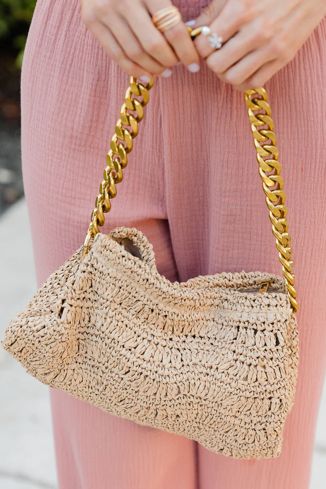 Woven Straw Resort Bag with Gold Chain | Pink Lily