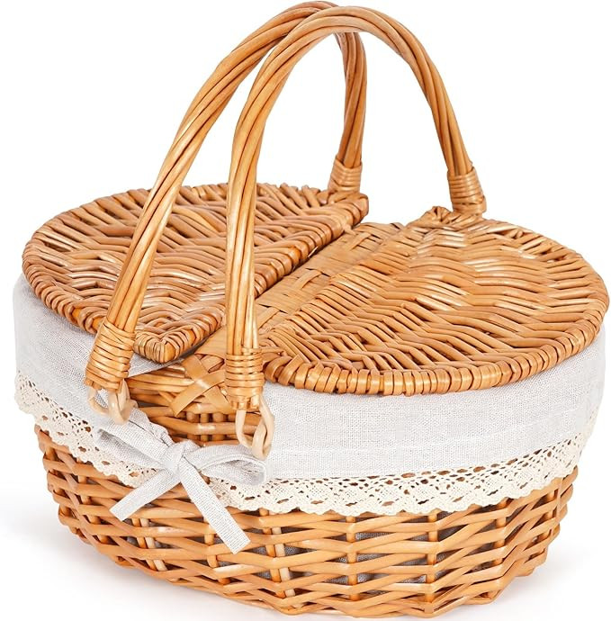 Happypicnic 12" Picnic Basket - Small Wicker Basket with Foldable Handle Lid & Removable Liner | ... | Amazon (US)