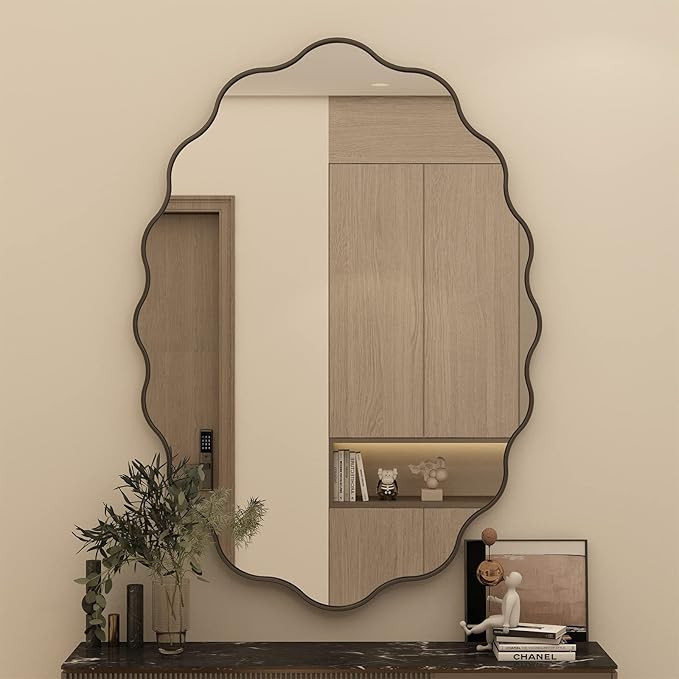 24x36 Oval Bathroom Mirror, Matte Black Wavy Framed Bathroom Mirror, Irregular Mirror for Wall, A... | Amazon (US)