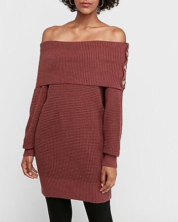 thermal knit off the shoulder button tunic sweater | Express
