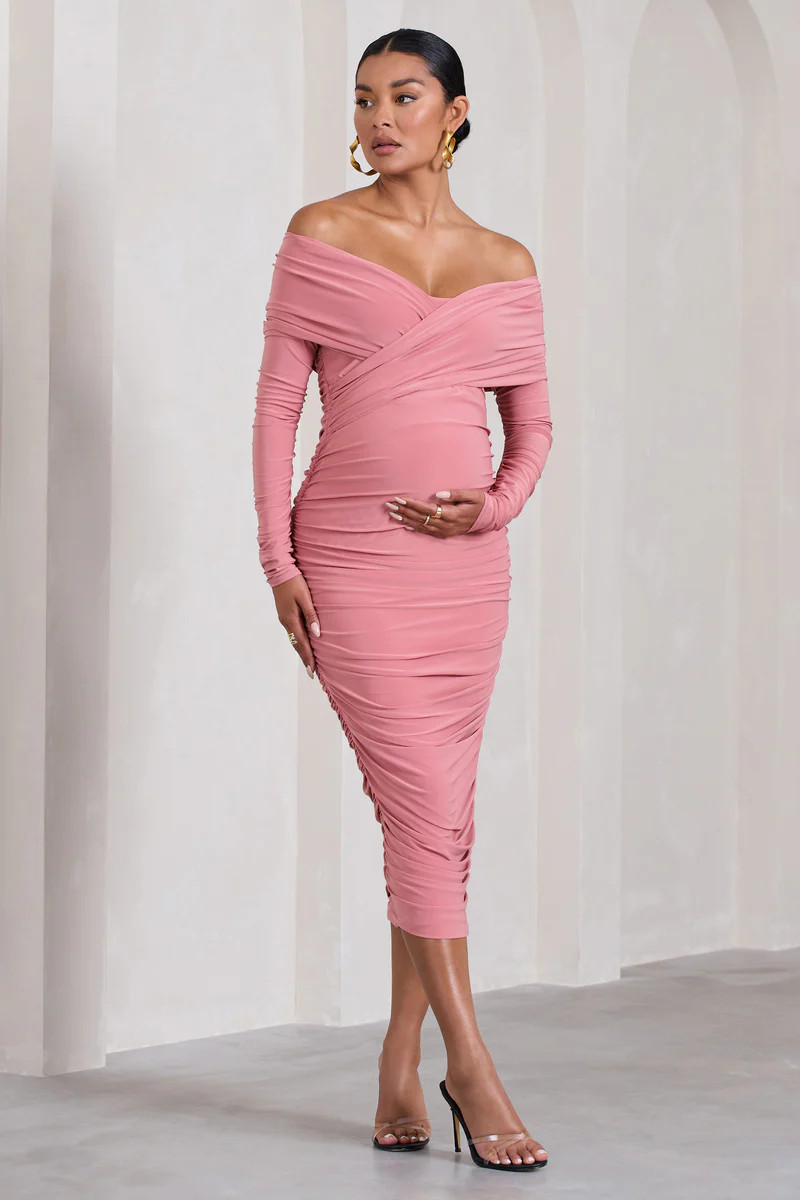 Davina | Blush Pink Ruched Twist Bardot Long-Sleeve Maternity Midi Dress | Club L London
