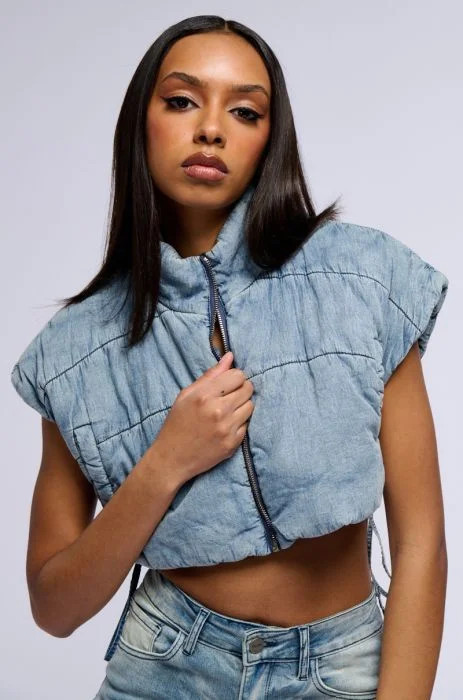 ULTRA CROP DENIM VEST WITH PULL STRINGS | AKIRA