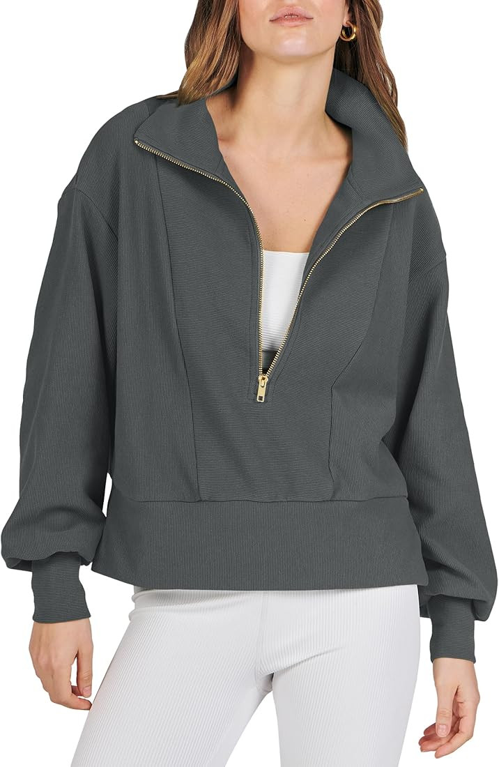 ANRABESS Women Half Zip Cropped Sweatshirt Casual Fleece Quarter Zip Up Rib Knit Pullover 2023 Fa... | Amazon (US)