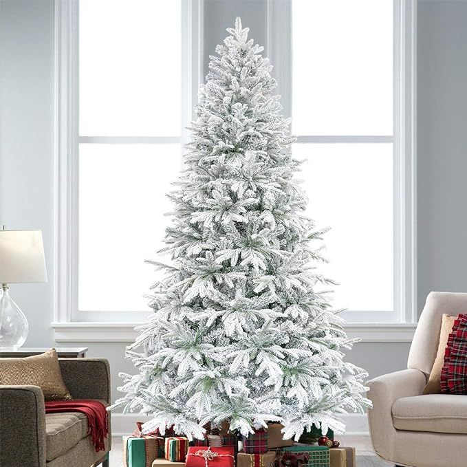 KI Store Artificial Flocked Christmas Tree 7.5ft Unlit Hinged Christmas Fir Tree with Snow Realis... | Amazon (US)