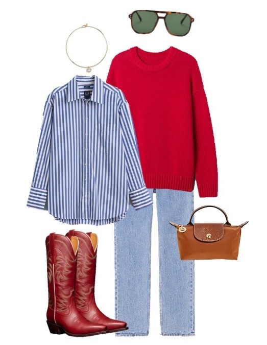  preppy western spring outfit 
Red sweater 
Red Cowboy boots 
Blue and white striped button up shirt 
Mini longchamp 

#LTKSeasonal