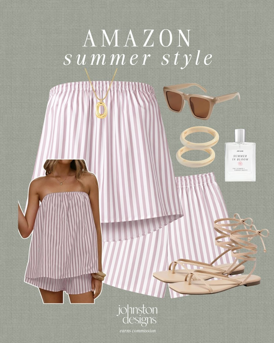 Amazon summer style with a pink striped matching set, neutral lace-up sandals and easy sunny day accessories. 🤍

Amazon summer outfit, pink striped matching set, strapless top, striped shorts, two piece set, lace up sandals, beige sunglasses, gold pendant necklace, chunky bracelet, Summer in Bloom perfume, casual summer style, vacation outfit inspo, warm weather look, affordable Amazon fashion, feminine summer finds 

 #LTKootd #LTKSeasonal