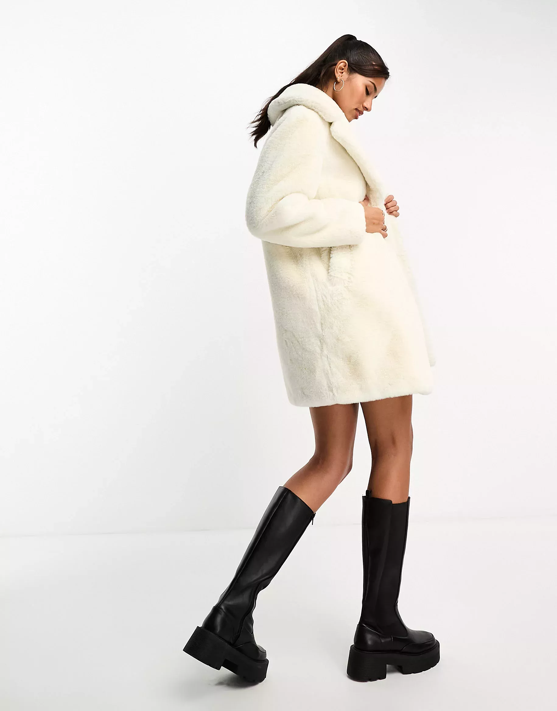 Topshop Faux Fur Coat In Cream-White for Women