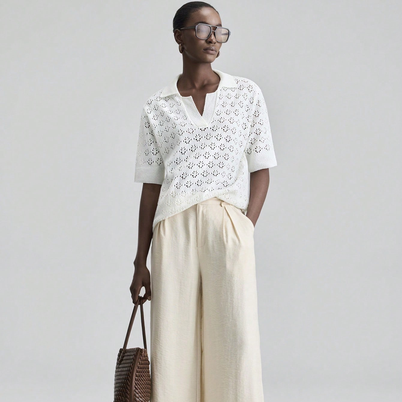 2026SS Maglietta A Maniche Corte Lavorata A Maglia Con Colletto Traforato Versatile | SHEIN