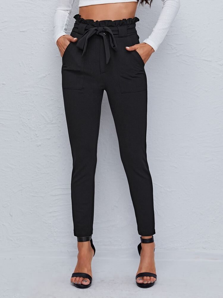 Paperbag Waist Dual Pocket Belted Skinny Pants | SHEIN