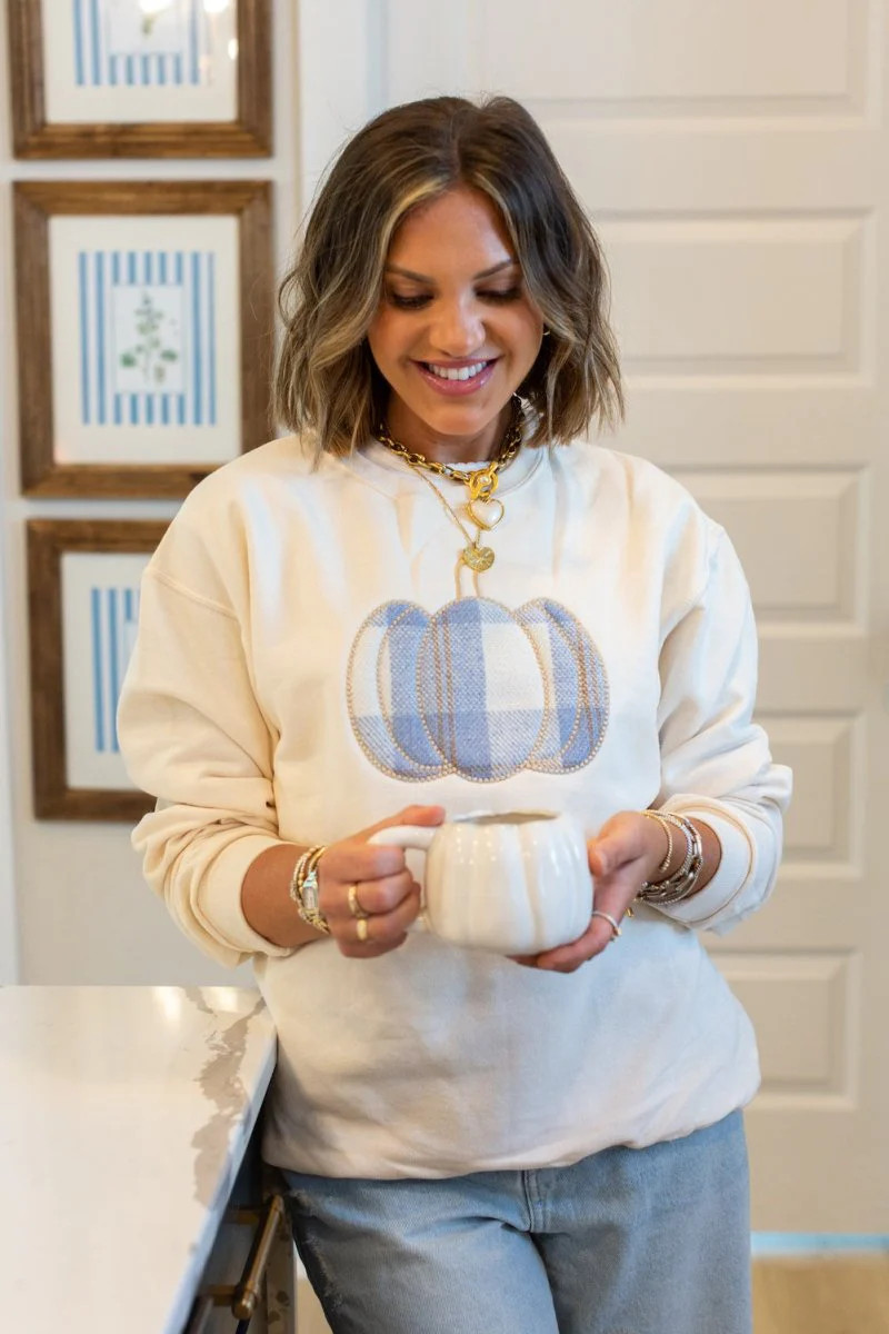 UM X @livinwithMB Appliqué Plaid Pumpkin Crewneck | United Monograms