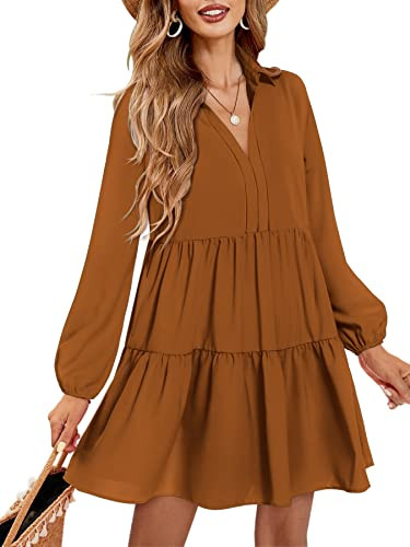 Amoretu Womens Summer Dress V Neck Long Sleeve Flowy Shift Dresses Brown L | Amazon (US)