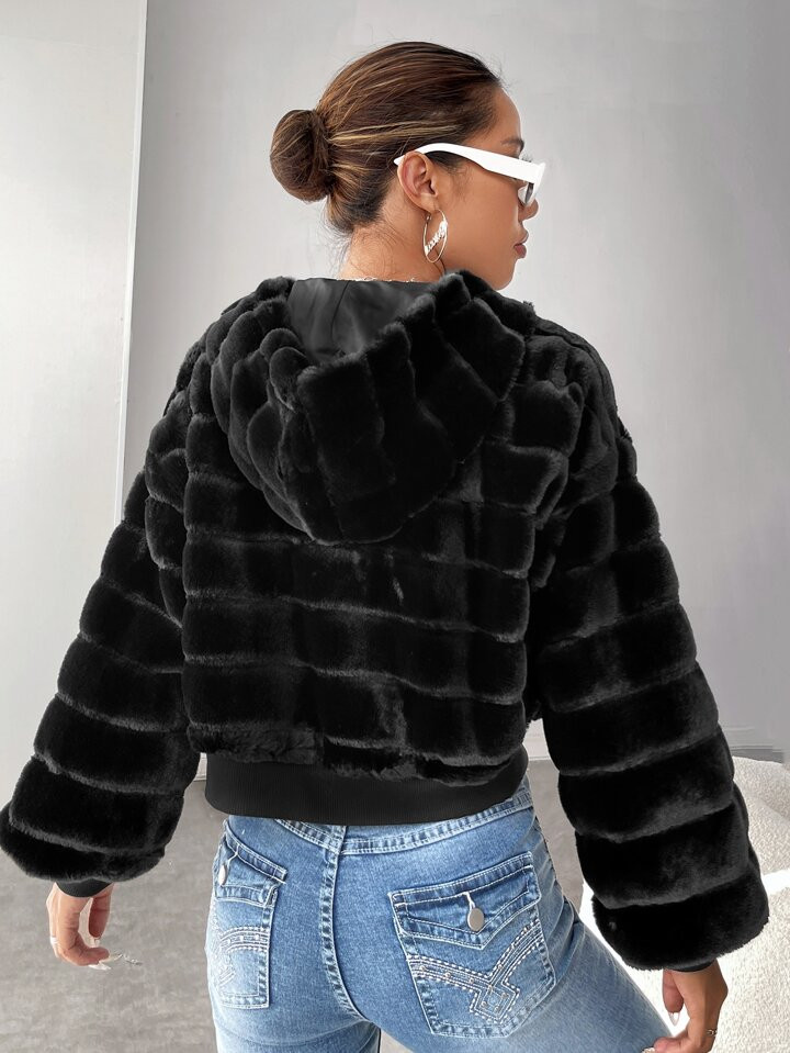 SHEIN EZwear Zip Up Hooded Fuzzy Coat | SHEIN