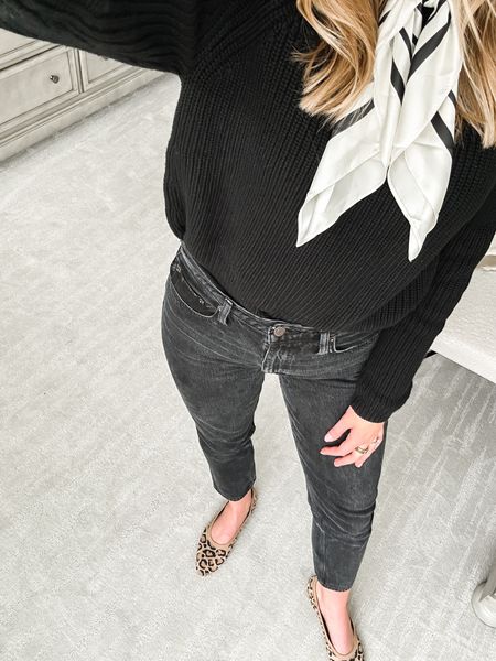 Black cotton sweater, black jeans, silk scarf, washable leopard flats (use code ELLEN) 

#LTKworkwear #LTKshoecrush #LTKunder100