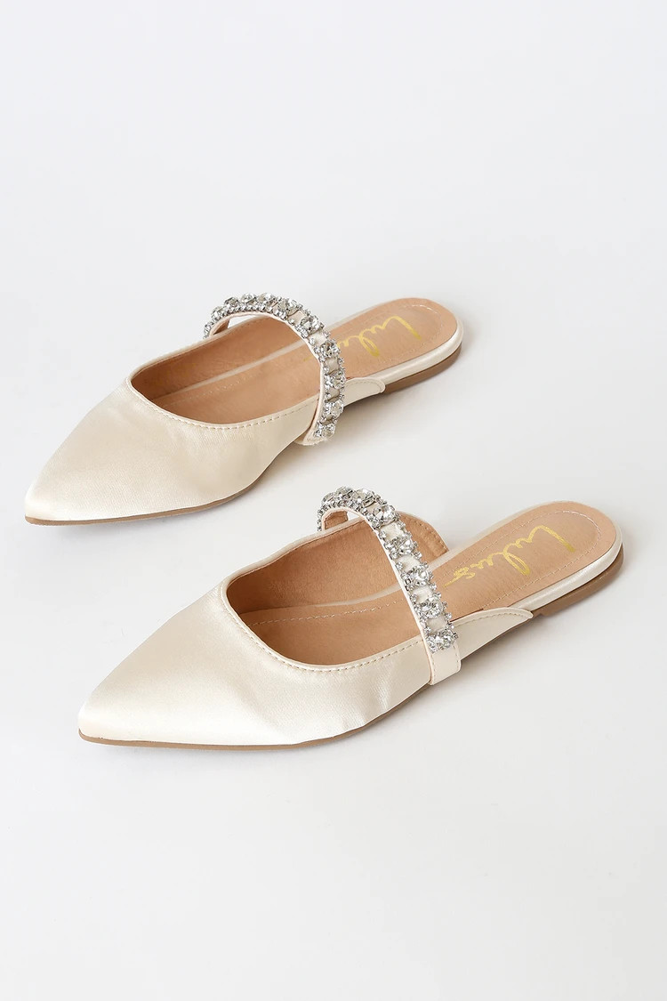 Arlya Ivory Satin Rhinestone Pointed-Toe Mule Slides | Lulus (US)