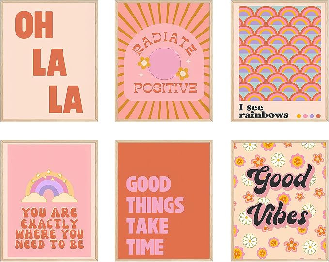 Trendy Retro Pink Aesthetic Wall Art Set of 6 Funky Inspirational Quote Poster Prints Preppy Rain... | Amazon (US)