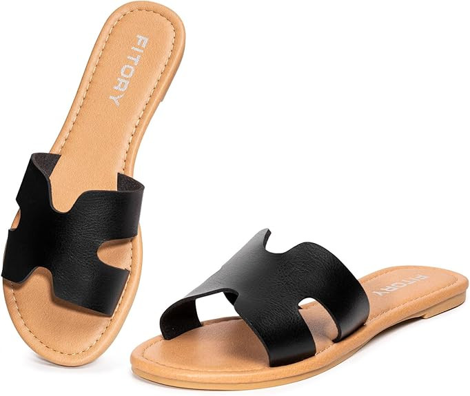 FITORY Women's Comfortable Dressy Leather Flat Sandals - Stylish & Beautiful Summer Slides Size 6... | Amazon (US)