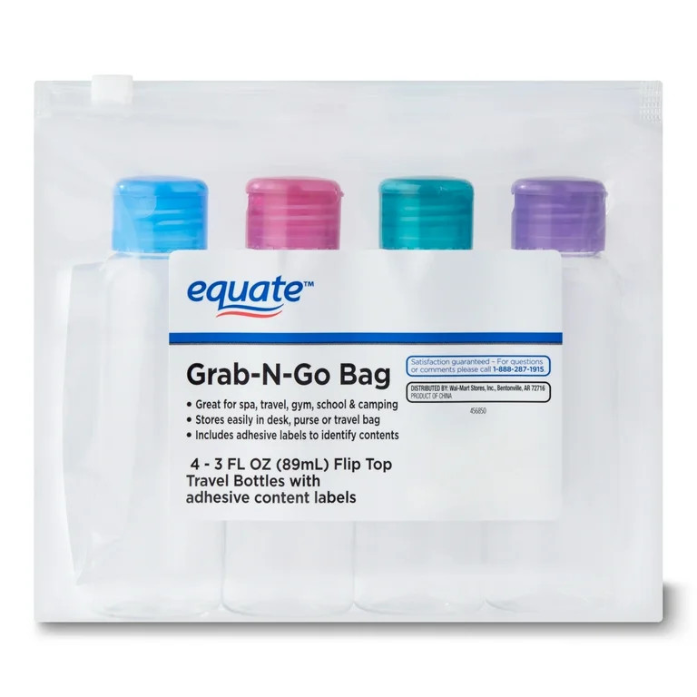 Equate Grab-N-Go Bag of Plastic Travel Bottles for Toiletries, Color May Vary, 3 fl oz (4 Count) | Walmart (US)