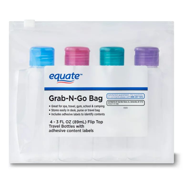 Equate Grab-N-Go 3 fl. oz. Flip Top Plastic Travel Bottles, 4 Pack | Walmart (US)