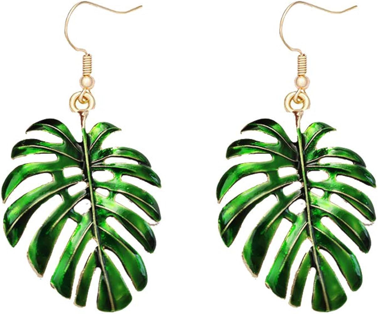 Amazon.com: Jeni-Sely Green Enamel Fresh Monstera Leaf Earrings Tropical Palm Tree Dangle Earring... | Amazon (US)