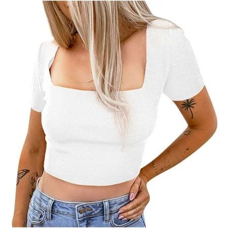 RQYYD Women Square Neck Y2K Crop Top Tee Shirt Ribbed Knit Tank Slim Fit Short Sleeve Workout Yogo C | Walmart (US)