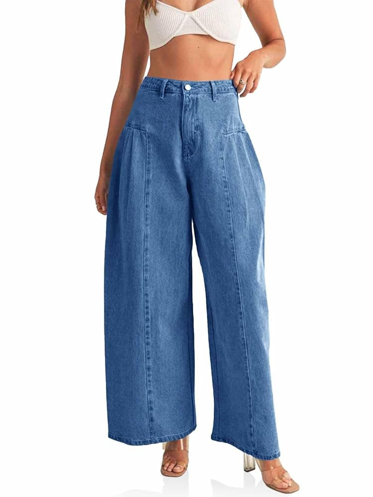 PLNOTME Womens Baggy High Waisted Jeans Loose Boyfriend Wide Leg Side Pleated Denim Pants | Amazon (US)