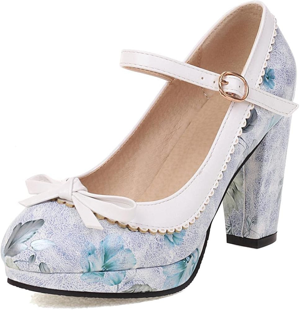Floral Printed Pumps Shoes for Women Bow Round Toe Platform Mary Janes Elegant Dating Pumps Shoes | Amazon (US)