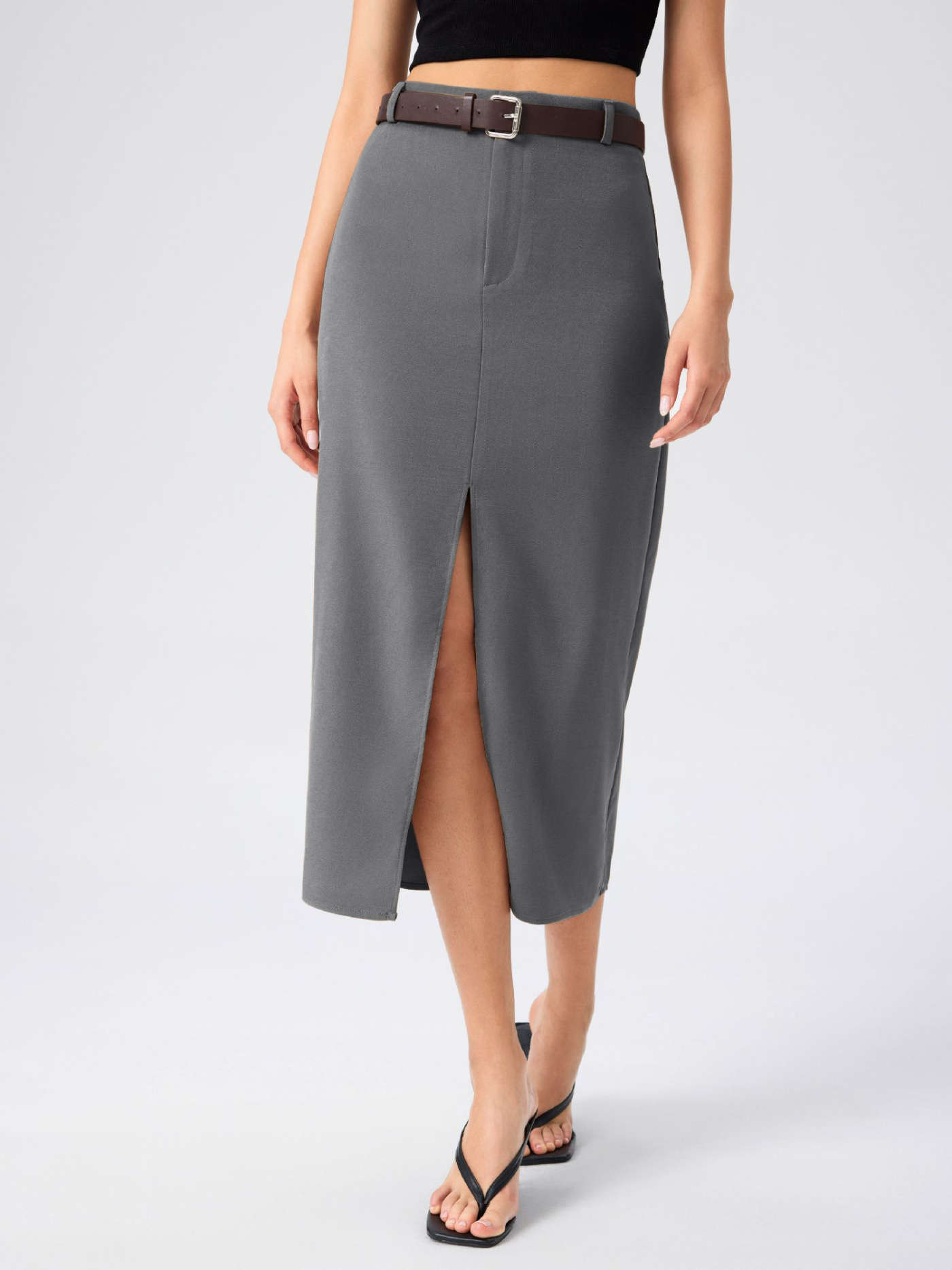 Office Siren Long Skirts Woven Solid High Waist Split Maxi Skirt For School Work | Cider