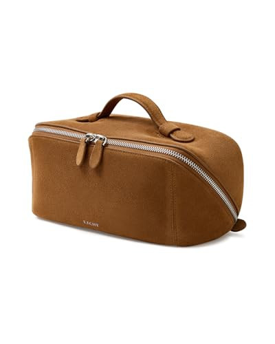 EACHY Leather Makeup Bag, Portable 180° Wide-Open Flat Cosmetic Bag for Women, Large Capacity Make Up Organizer Makeup Pouch with Divider and Handle | Amazon (US)