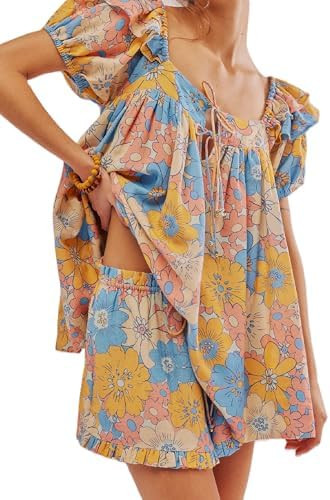 ROAONOCOMO Women Floral Pajama Set Ruffle Puff Sleeve Peplum Shirt Coquette Pj Set Bow Babydoll 2... | Amazon (US)